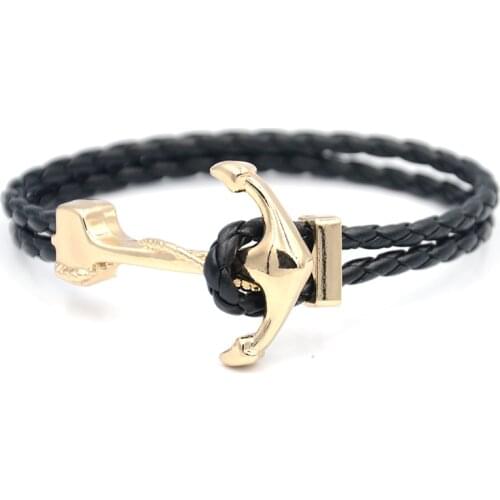 Junwei Mens Bracelet Gold Anchor Braided Rope Bracelet Punk Style Zinc Alloy Trendy Jewelry