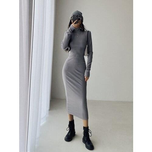 Spring and autumn new street casual solid color high-neck pullover dress women, thin and tight-fitting long warm bottoming dress