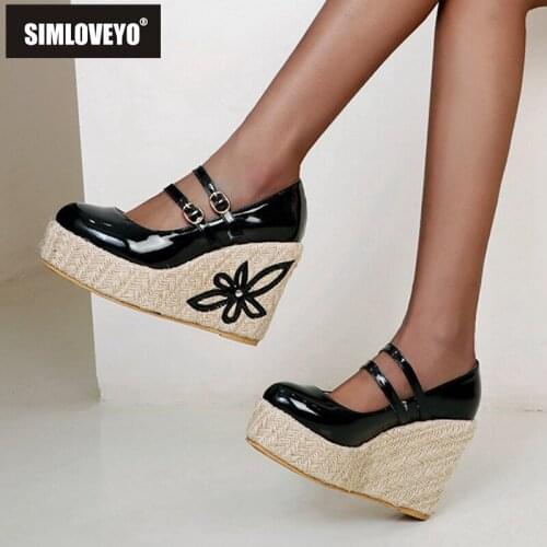 SIMLOVEYO New 2021 Women Pumps Round Toe 12.5cm High Wedges Heels Patent Leather Buckle Platform Flower Big Size 48 Casual A3708