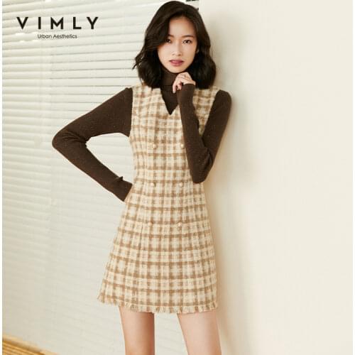 Vimly 2020 Vintage Plaid Wool Dresses Women Fashion Plaid V Neck Sleeveless Fleece Vest Dress Elegant Female Vestidos F3633