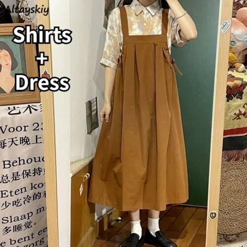 Dress Sets Women Casual Printing Ulzzang Chic Folds Lace-up Outfit Trendy Lovely Girl Cute Students Harajuku Kawaii Clothes New