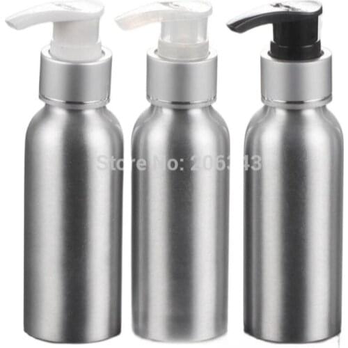 100pcs 100ml Aluminium bottle metal bottle with silver collar white/transparent/black press pump