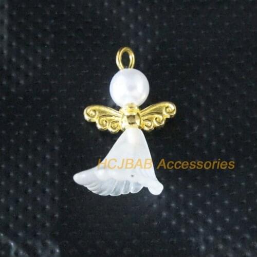 25Pcs Gold Color Wings White Beads Dancing Angel Charms Pendants 14x24mm