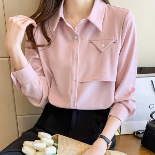 Blusas Mujer De Moda 2021long Sleeve Shirt Women Elegant Fashion Chiffon Solid Button Up Shirt Pink Blouse Casual White Top 1026