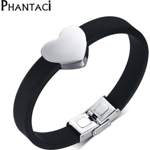 Hot Adjustable Size Stainless Steel Heart Bracelet For Women Or Men Silicone Charm Bracelets & Bangles Couples Lovers