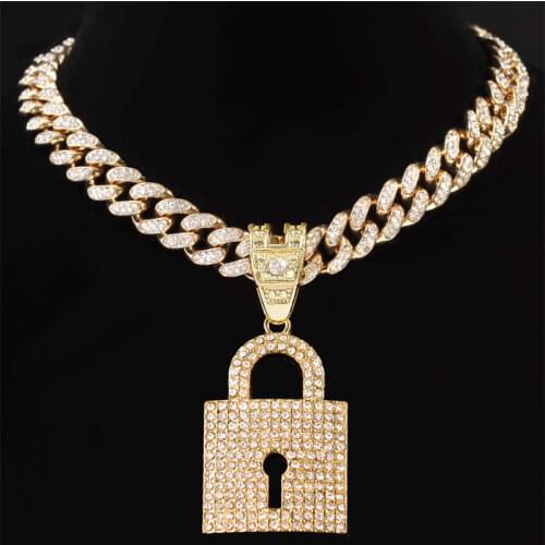 Gold Cuban Chain With Cubic Zircon Lock Key Pendant Fashion Chunky Choker Necklace For Men Women Hip Hop Couple Jewelry