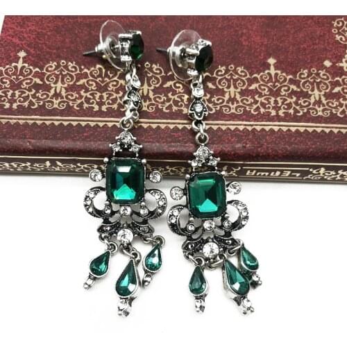 Elegant Green Glass Stones Stud Earring Long Vintage Statement Ear Piercing Jewelry