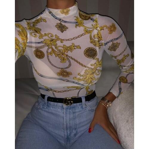 Hot Women Sexy Mesh Perspective T-Shirt Ladies Pattern Print Floral Tops Summer Fashion T-Shirts High Neck Casual Female Top