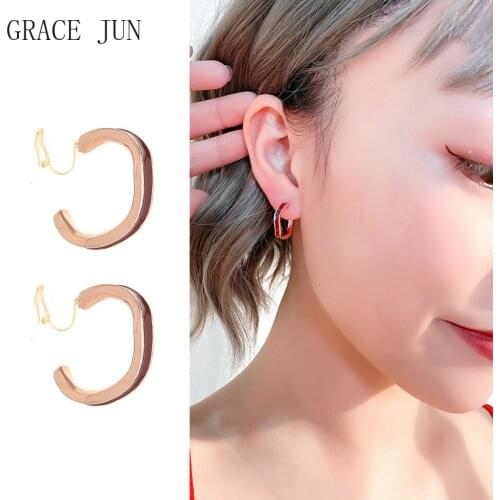 GRACE JUN European and American Retro Metal Stud Clip on Earrings Fashion Simple Gold Color Hoop Earrings Wholesale Jewelry New