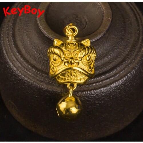 Brass Bell Gold Color Chinese Lion Lucky Car Key Chain Pendants Jewelry Accessories Retro Metal Copper Alloy Keyring DIY Lanyard