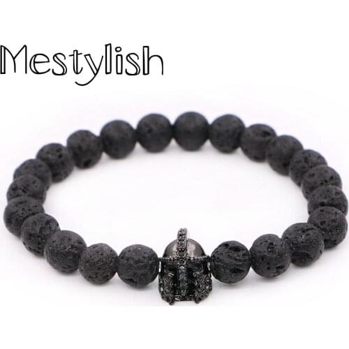 Micro Pave CZ Silver Plated Roman Spartan Warrior Gladiador Helmet Bracelet Men of Black Lava Rock Stone Bead Bracelets