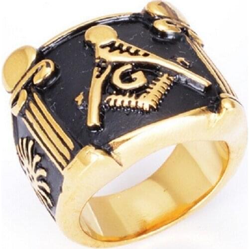 Mens Gold Tone Free Mason Freemasonry 316L Stainless Steel Masonic Ring Band Ring