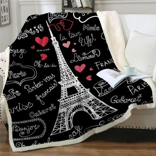 Newest Paris Tower Throw Blanket on the Bed Romantic Letters Sherpa Fleece Blanket Heart Fashion Blanket