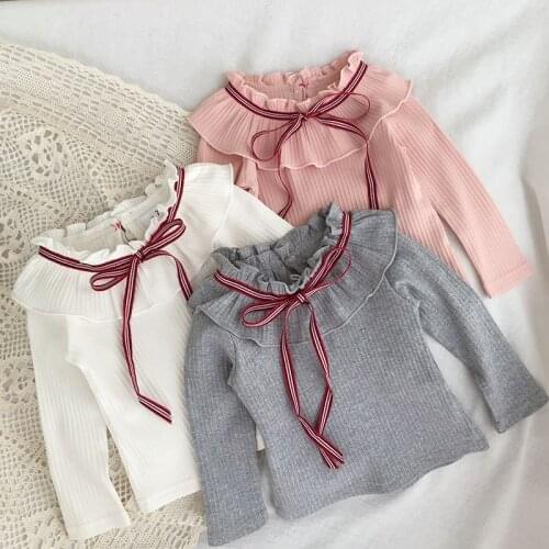 2021 Autumn New Baby Girl Long Sleeve T Shirts Infant Ribbed Cotton Tops Toddler Bow Bottoming Shirts Ruffles Tee Kids Clothes