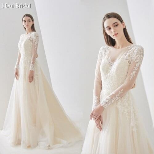 Long Sleeve Illusion Neckline Wedding Dress A Line Bridal Gown Factory Custom Make 2020 Wedding