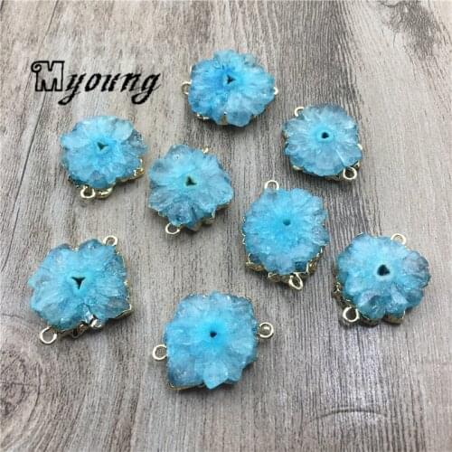 Sun Flower Shape Sky Blue Crystal Slice Connector Charm,Nature stalactite Slab Pendant For DIY Jewelry MY1688