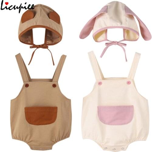 0-24 Months Breathable Baby Girls Boys Romper Sweet Style Infant Summer Creative Pocket Sleeveless Suspender Jumpsuit + Cute Cap