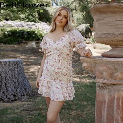 Pink Print Swing Dress Summer 2021 New Fashion V-Neck Flounced Edge Lantern Sleeve Lovely Sexy Party Bohemian Mini Dress