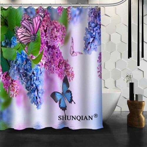 ShunQian Flower And Butterfly Shower Curtain Polyester Fabric Bath Screens Curtains For Bathroom 3D Waterproof Bath Curtain Hook