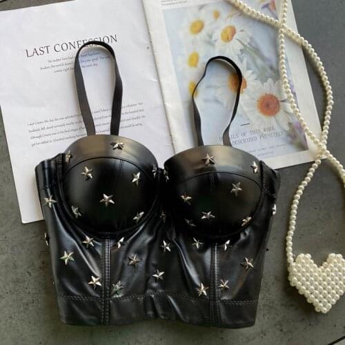 Foamlina Sexy Faux Leather Cool Crop Top Women Fashion Punk Tank Top Metal Stars Deco Bralet Bustier Bra Night Club Vest Tops