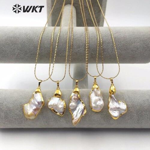 WT-JN066 Wholesale Natural Pearl Necklace Irregular Shape Random Size Gold Grooming Lady Personality Pendant Necklace Jewelry