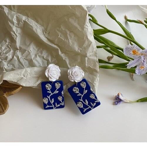 AOMU S925 French Retro Geometric Rectangular Acrylic Blue White Palace Rose Painted Flowers Drop Earrings for Women Jewelry