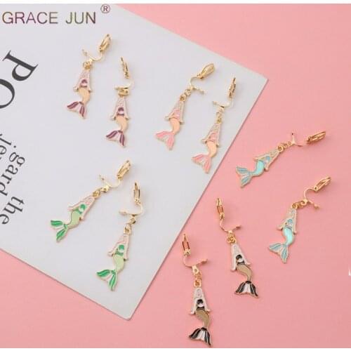 GRACE JUN Hot Sale Enamel Mermaid Shape Clip on Earrings No Pierced for Women Fashion Luxury Jewelry No Ear Hole Earrings 2019