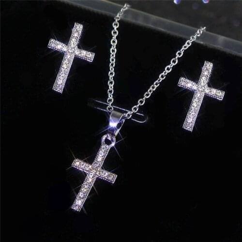 Punk Female White Crystal Jewelry Set Charm Silver Color Stud Earrings For Women Hip Hop Cross Zircon Wedding Chain Necklace
