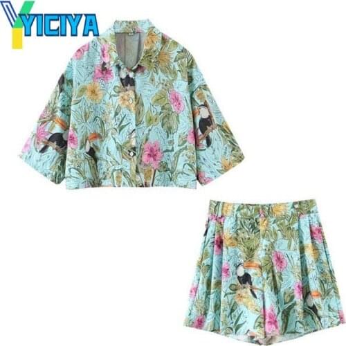 Print Tracksuit Suit Women Summer Loose Fashion Print Batwing Short Sleeve Beach Cropped Blouse+Elastic Waist Casual Shorts Set