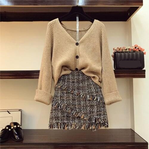 2021 Autumn Womans V-necked Cardigan Knitted Coat + High-waisted Tweed Skirt 2pcs sets Girl Ladies Skirts Outfits A621
