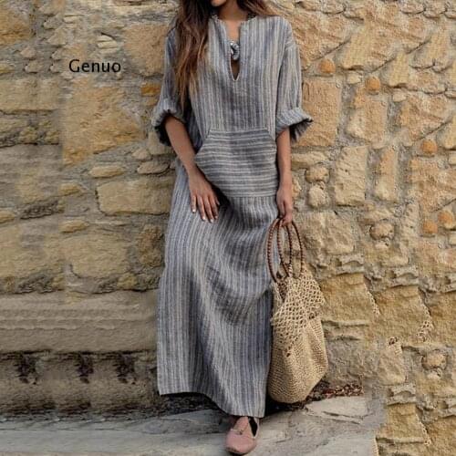 Women Dress Autumn Vintage Striped Casual Loose Maxi Long Dresses Sexy V Neck Long Sleeve Vestidos Plus Size Robe