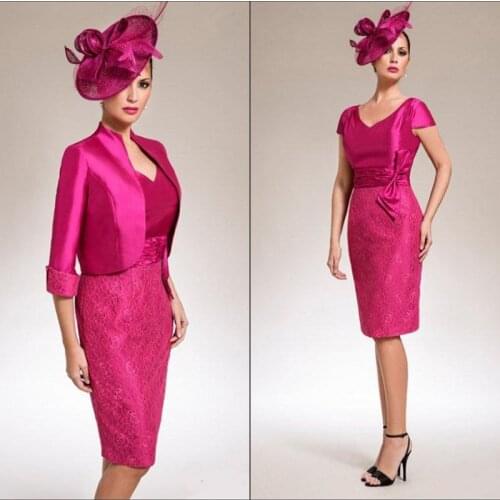 Charming Hot Sale Short Mother of the Bride Dresses Fuchsia Mother Gowns Two Pieces with Jacket Lace Mother Suit Knee Length