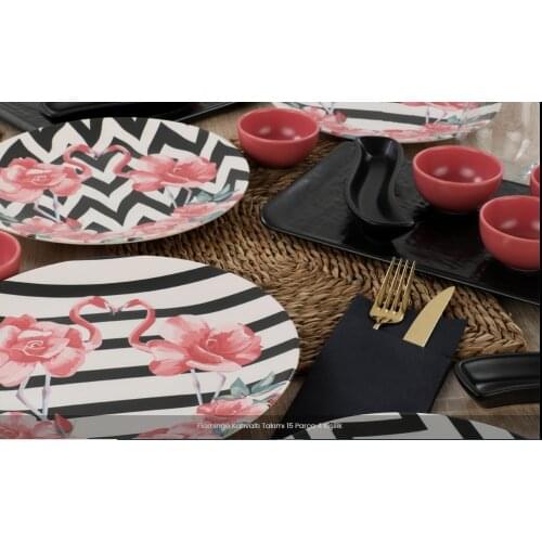 15 PIECES 4 PERSON PINK FLAMINGO DINNER SERVICE PLATE BREAKFAST CUTLERY CERAMIC STYLISH DESIGN TREND HEALTHY A QUALITY