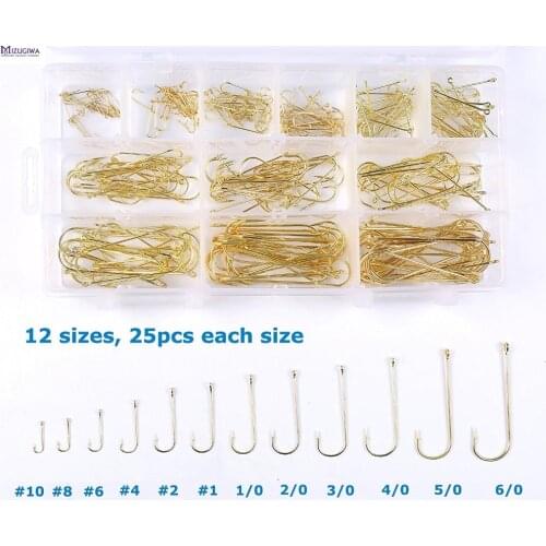 300 pcs Long Shank Aberdeen Fishing Hooks Fresh Water Living Baits Hook 12 Sizes Kit Fishing Tackle Box Gold PanFish Crappie