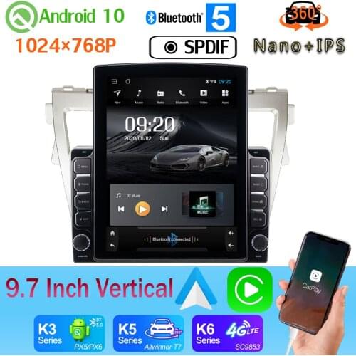 9.7" Vertical Style Car Media GPS CarPlay Android 10 360 Camera Radio Head Unit For Toyota Vios Yaris 2007-2012 PX6 4+64G SPDIF