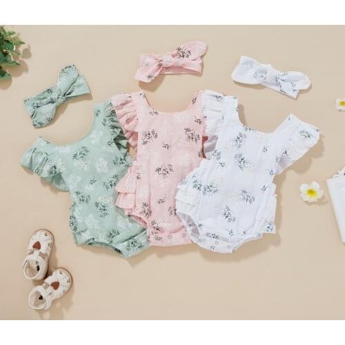 Baywell Summer Newborn Baby Girls Cotton Cute Floral Print Bodysuits Sleeveless Jumpsuits+Headband 2Pcs Outfits