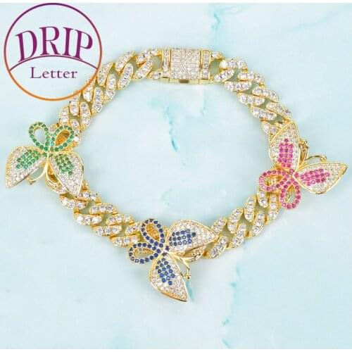 10mm Colorful Zircon Cuban Link Bracelet With Butterfly For Women AAAA Charm Hip Hop Chain