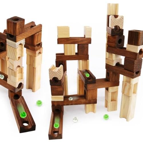 Children Wooden Marble Runs Building Block Toy with Glass Beads Kids Construction Assemble Rail Wooden Blocks Educational Toy