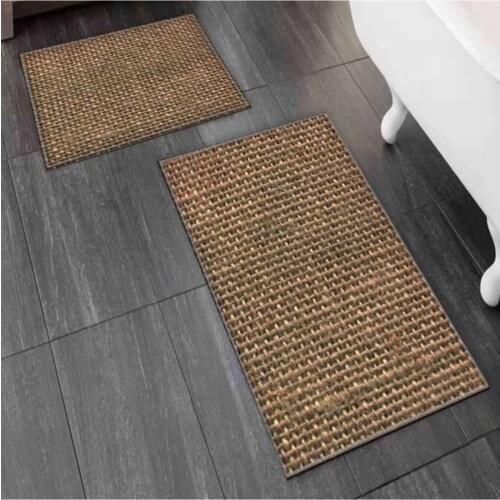 Coffee Jute Looking 2'li Toilet Seat Pad Bath Mat Set Mat Digital Print Polyester Figured Slip-Resistant Outsole