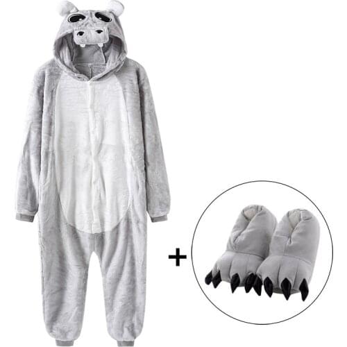 Hippo Onesie With Slippers Gray Pajamas Women Couple Sleepwear Cute Funny Animal Kigurumis Festival Party Gift Warm Soft Outfit