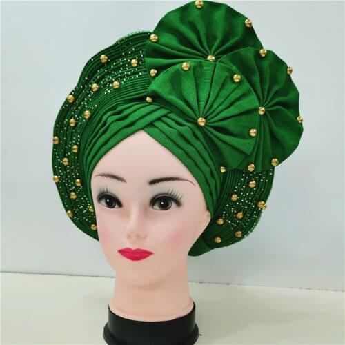 Beautiful women head wrap african headtie nigerian gele headties with beads and stones sewing fabric for party 1set