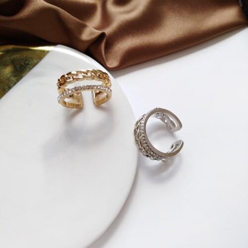 Fashion Simple Small Crystal Rings Two Row Metal Alloy Hollow Finger Rings Jewelry Open Rings For Women Nice Gift For Party