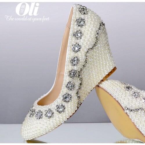 Fashion plus size genuine leather white pearl shoes rhinestone wedding shoes wedges bridal shoes spring handmade diy womens
