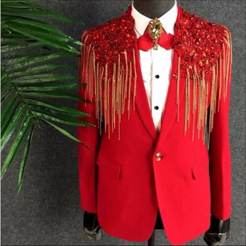 M-3xl New Version Men Clothing Performance Red Chain Suits Dress Stage Singer Party Coat Nightclub Bar Dj Blazers Jacket Costume