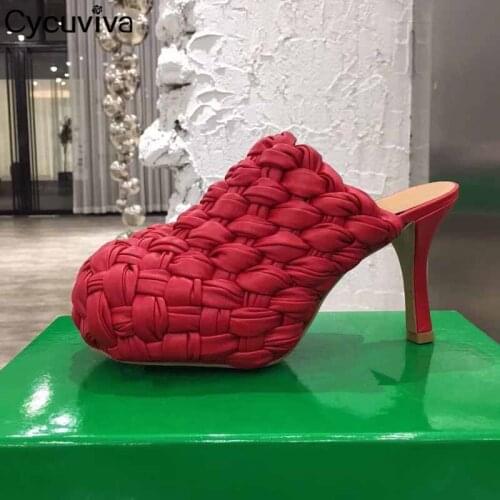 Designer High Heels Mules Brand Shoes Women Red Weave Leather Slippers Wrap Toe Ladies Summer Slides Runway Sandalias Mujer