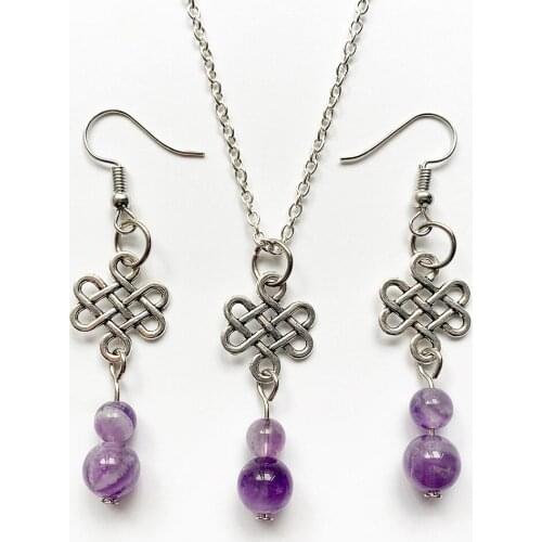 Bhuann Purple Quartz Stone Dangle Earrings Pendant Necklace Jewelry Sets Natural Beads Metal Chinese Knot Pendant Necklace