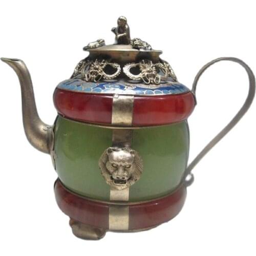 Collectible Decorated Old Handwork Cloisonne Tibet Silver Dragon Tea Pot
