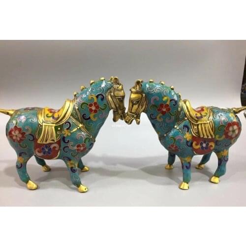 Pair 6'' bronze copper gold cloisonne enamel flower animal horse statue