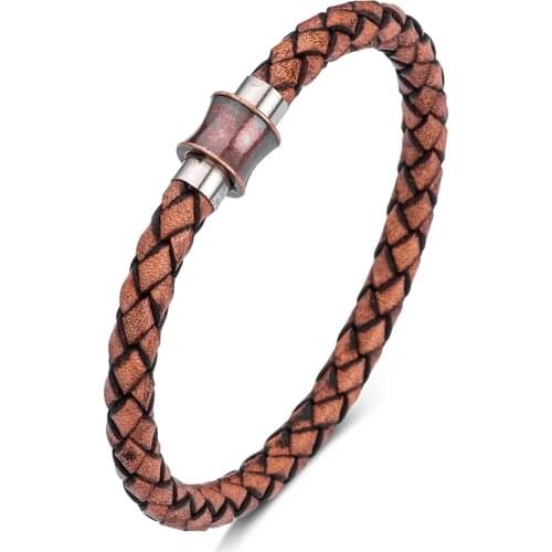 Simple Unisex Jewelry Brown Braided Genuine Leather Bracelet for Men Women Fashion Wristband Stainless Steel Vintage Bangle P612
