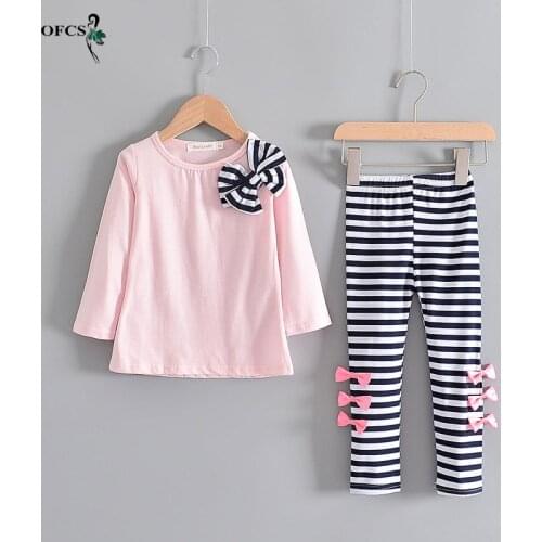 Sale Girls Suit 2-10 Years Old 2Pcs/set Pajamas Childrens Underwear Set O-Neck Cotton T-shirt Tops + Striped Pants Kids Clothes